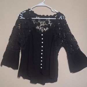 Lacy Embroidered Black Lace Women's Blouse Flare Sleeves